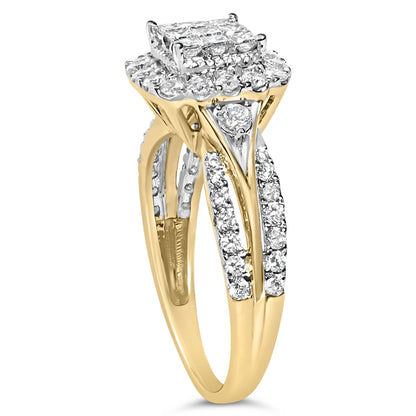 Yellow metal ring with a split shank design featuring multiple rows of round white gemstones in pave settings and a cluster of square white gemstones in invisible settings on top, shown in a side-angle view.