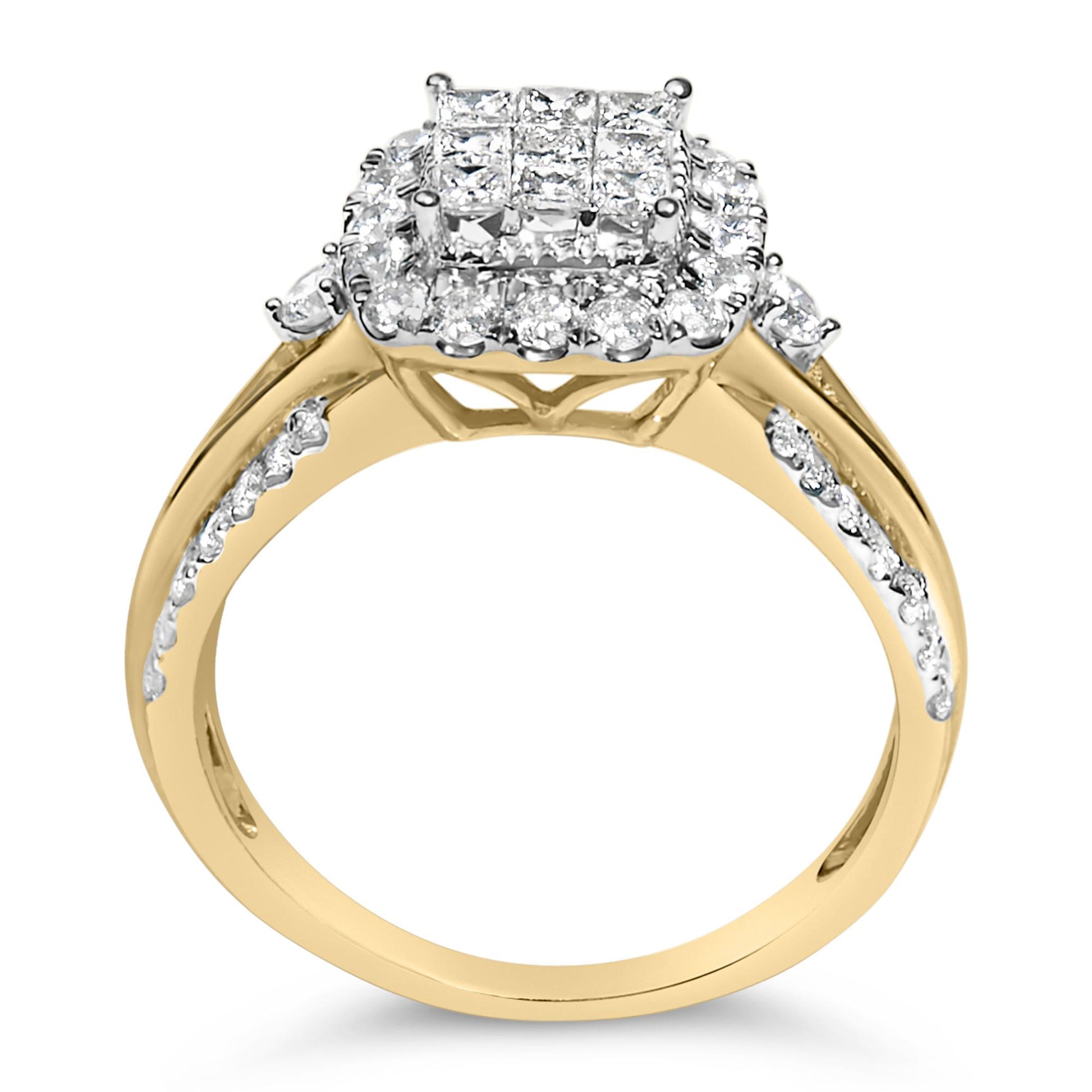 Yellow metal ring with a square cluster of princess-shaped white gemstones in the center, surrounded by round white gemstones in pave settings, shown from the side angle.