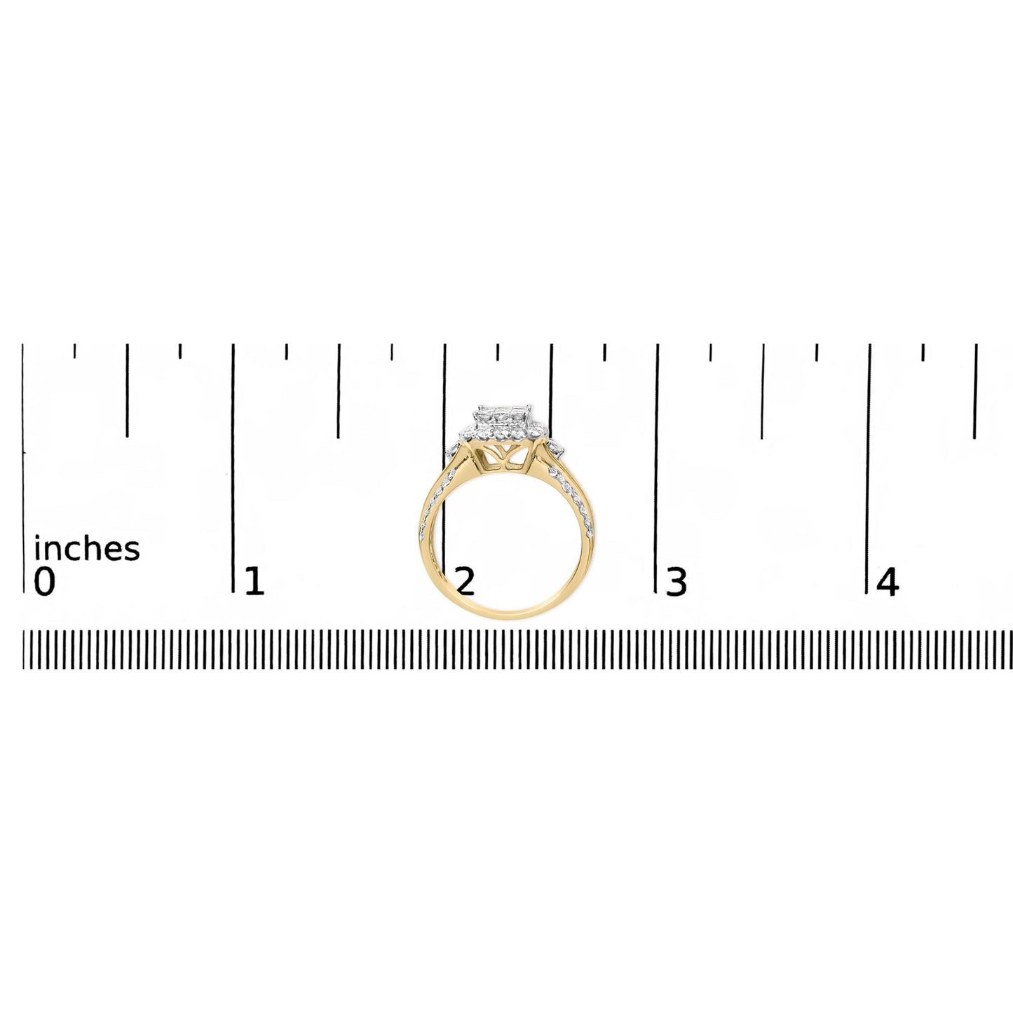 Yellow metal ring with multiple white round and princess shape gemstones set on the band and top, shown from the side on a ruler for size reference.