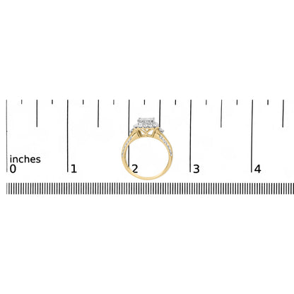 Yellow metal ring with multiple white round and princess shape gemstones set on the band and top, shown from the side on a ruler for size reference.
