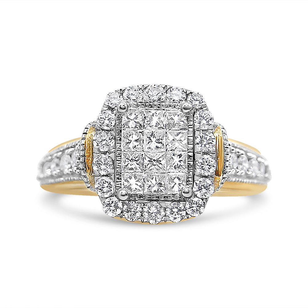 Front-facing shot of a two-tone ring featuring a square cluster of princess-cut white gemstones in an invisible setting, surrounded by round white gemstones in prong settings, with additional round white gemstones along the band.
