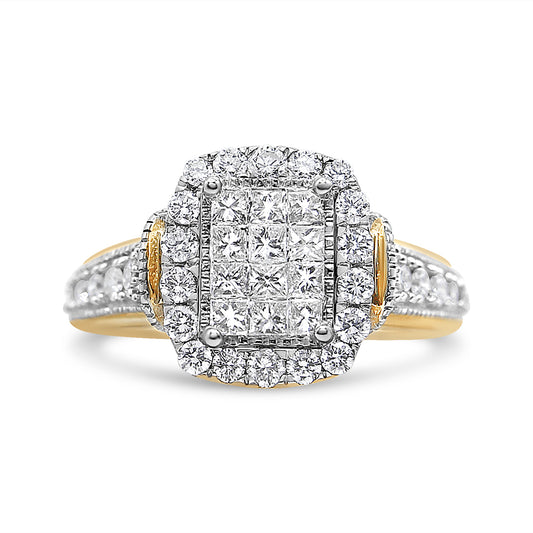 Front-facing shot of a two-tone ring featuring a square cluster of princess-cut white gemstones in an invisible setting, surrounded by round white gemstones in prong settings, with additional round white gemstones along the band.
