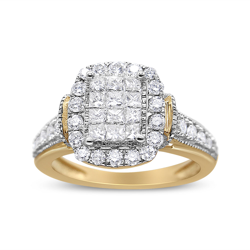 Front-facing shot of a yellow and white metal ring featuring a cluster of princess-shaped white gemstones in an invisible setting surrounded by a halo of round white gemstones in prong settings, with additional round white gemstones set along the band.