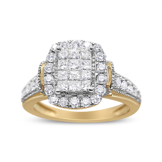 Front-facing shot of a yellow and white metal ring featuring a cluster of princess-shaped white gemstones in an invisible setting surrounded by a halo of round white gemstones in prong settings, with additional round white gemstones set along the band.