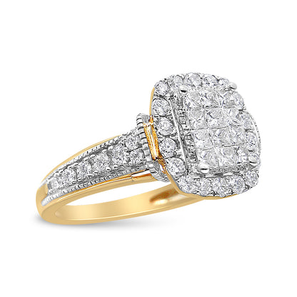 Angled close-up of a two-tone ring with a square cluster of white princess-cut gemstones in invisible setting, surrounded by white round gemstones in prong setting, with additional round gemstones along the band.