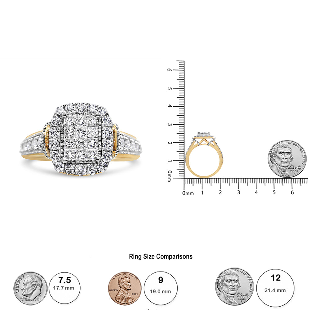 Front and side views of a yellow and white metal ring with square cluster of princess shape white gemstones in invisible setting, surrounded by round white gemstones in prong setting on the band, shown on a ruler for size reference.