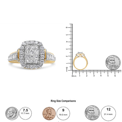 Front and side views of a yellow and white metal ring with square cluster of princess shape white gemstones in invisible setting, surrounded by round white gemstones in prong setting on the band, shown on a ruler for size reference.