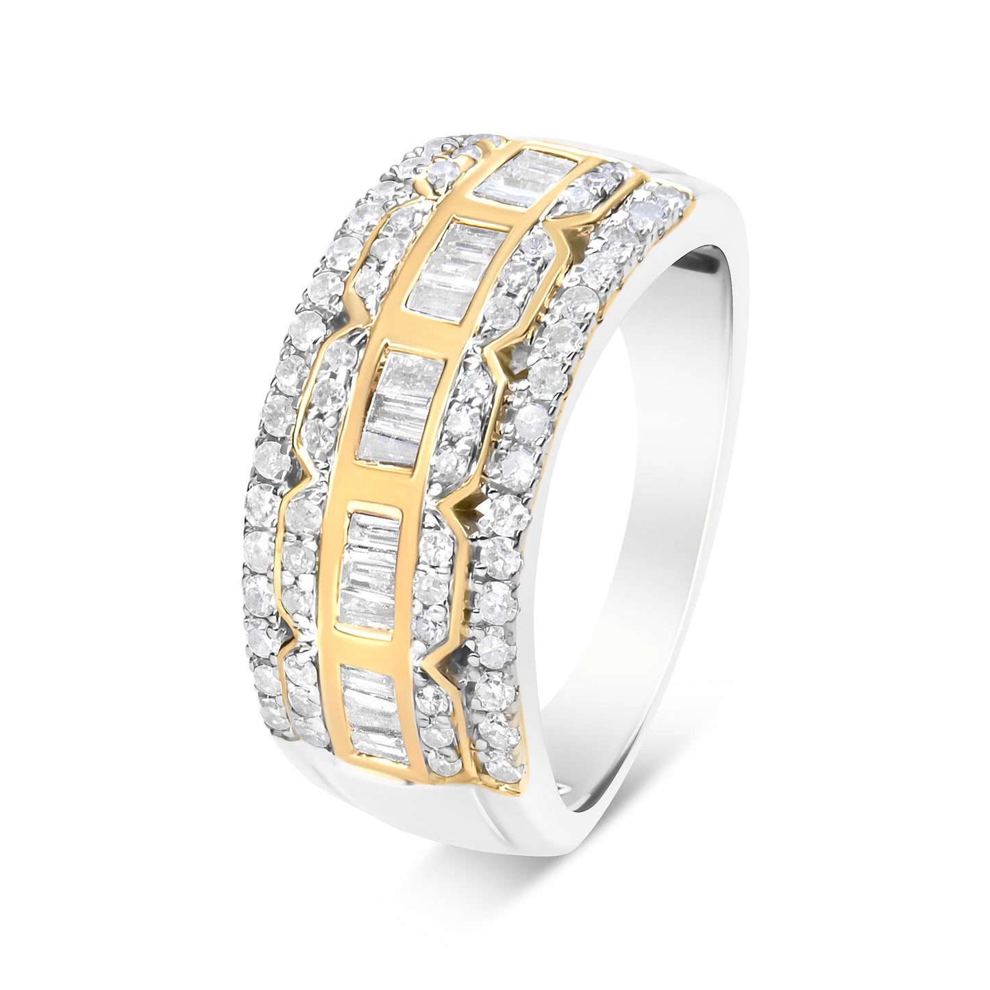 Ring with yellow and white metal bands, featuring rows of round white gemstones in prong settings flanking a center row of rectangular white gemstones in channel settings, shown at a slight angle.
