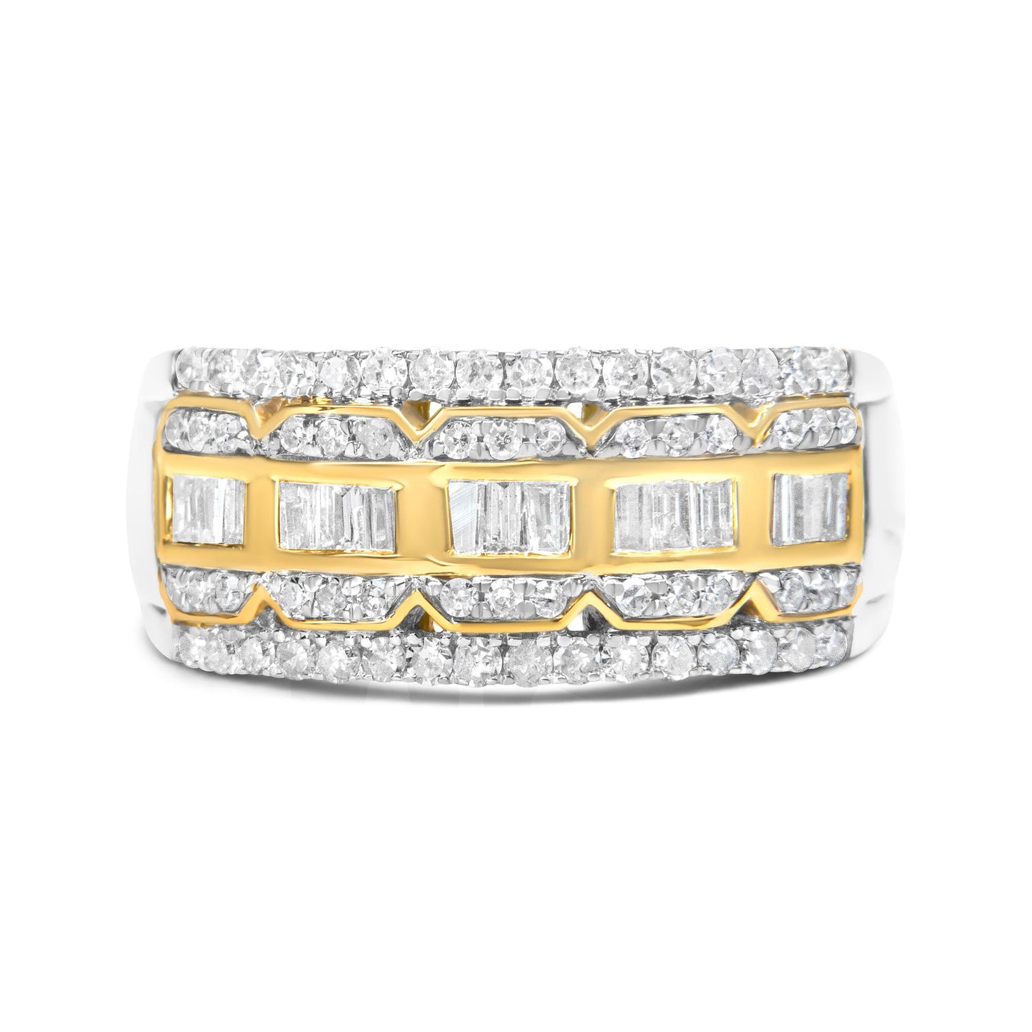 Front angled view of a ring featuring yellow and white metal bands with rows of prong-set round white gemstones and channel-set baguette white gemstones in the center.