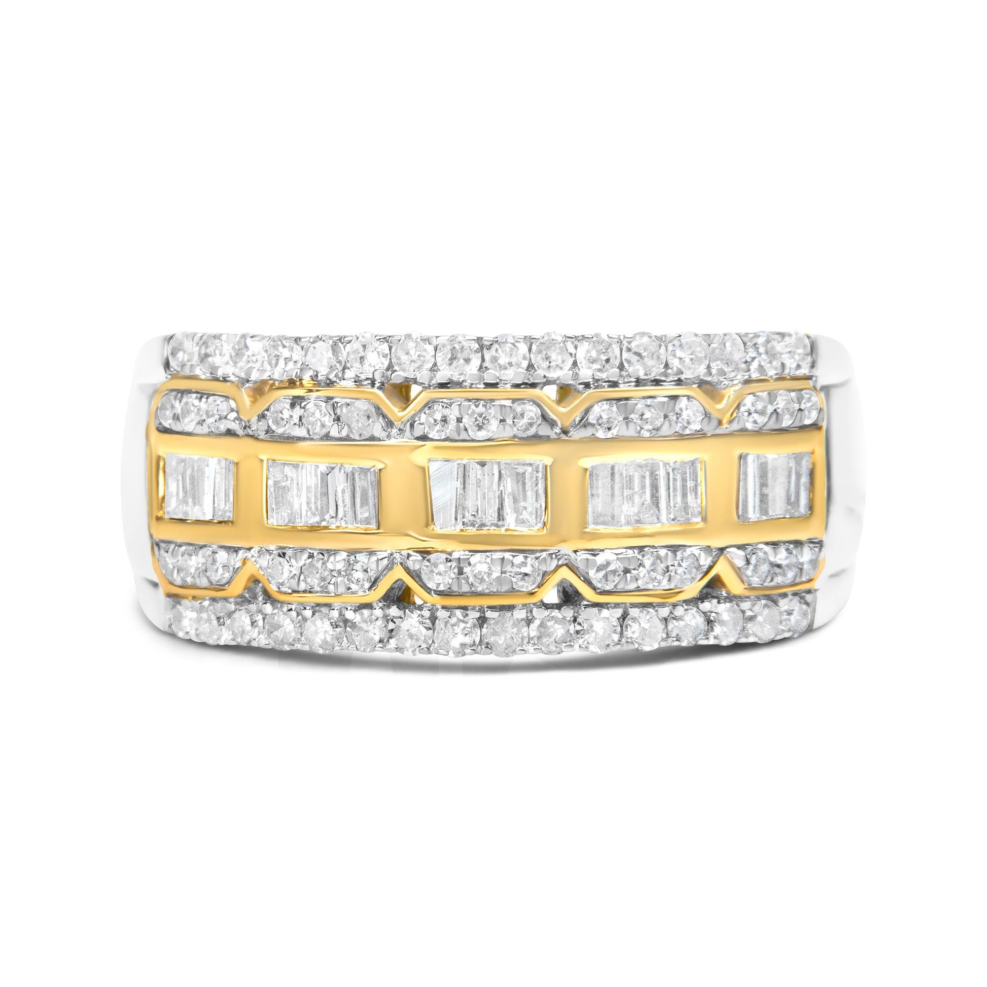 Front angled view of a ring featuring yellow and white metal bands with rows of prong-set round white gemstones and channel-set baguette white gemstones in the center.