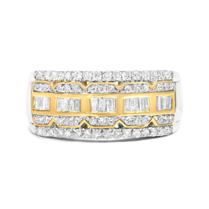 Front angled view of a ring featuring yellow and white metal bands with rows of prong-set round white gemstones and channel-set baguette white gemstones in the center.