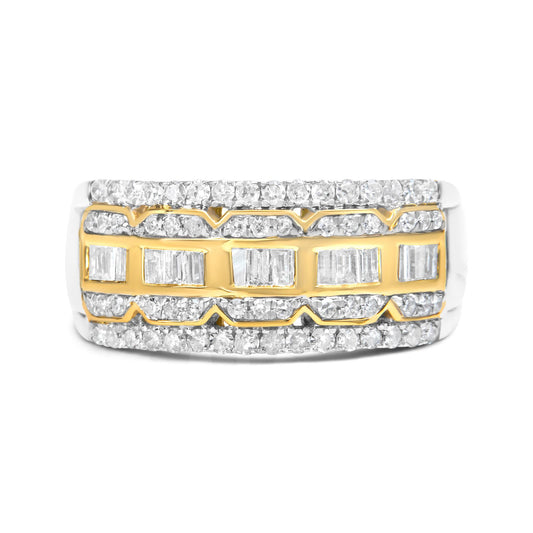 Front angled view of a ring featuring yellow and white metal bands with rows of prong-set round white gemstones and channel-set baguette white gemstones in the center.