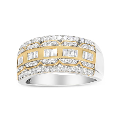 Front-facing view of a two-tone ring with a white metal base and a yellow metal upper band featuring round prong-set white gemstones along the top and bottom edges, and rectangular baguette channel-set white gemstones in the center.
