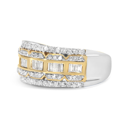 Close-up side angle of a two-tone ring featuring rows of round white gemstones in prong settings and a central row of baguette-shaped white gemstones in channel settings.
