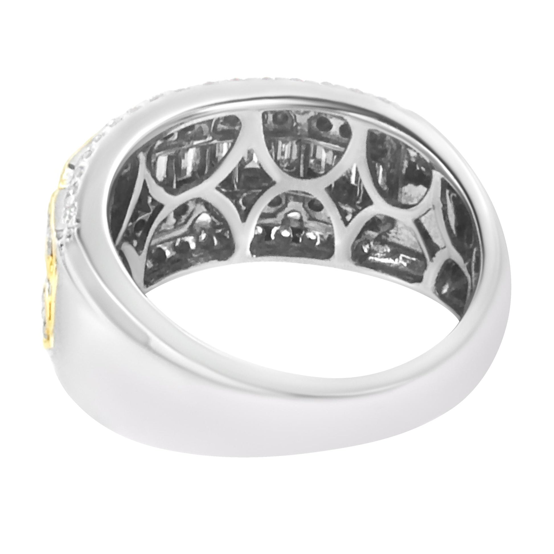 Close-up back angle of a ring showing a smooth white metal band with a patterned inner design and a glimpse of yellow metal on the side.