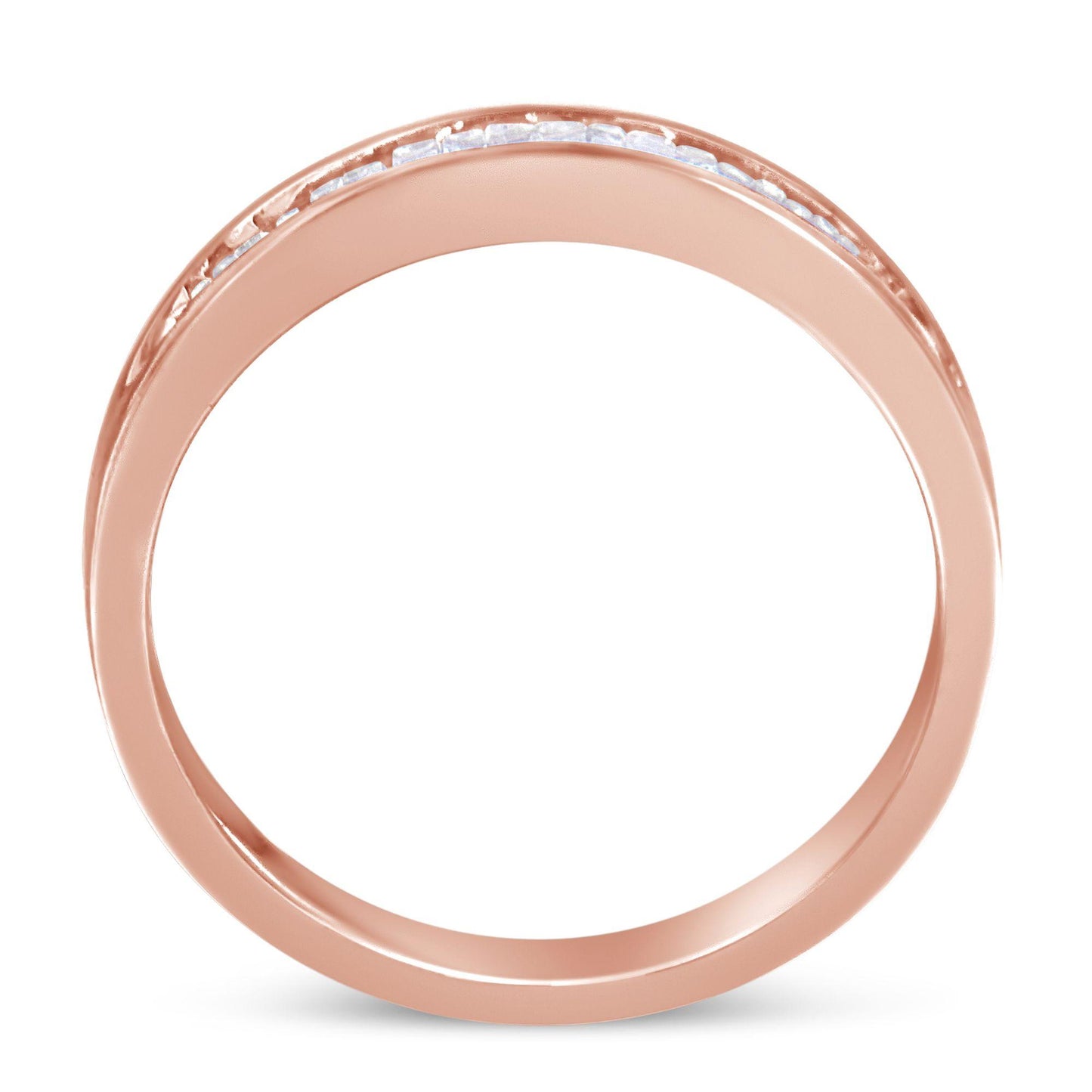 Close-up front view of a rose-colored ring featuring a channel setting of white baguette-shaped gemstones along the top half.