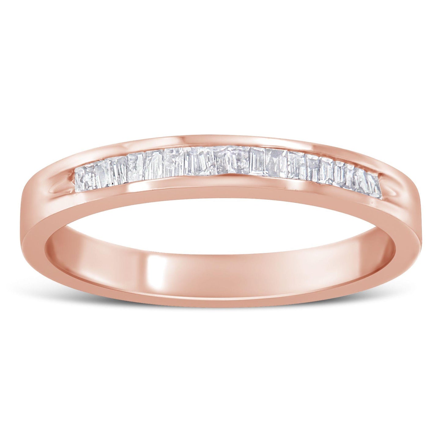 Close-up front view of a rose-colored ring with a channel set row of white baguette-shaped gemstones.