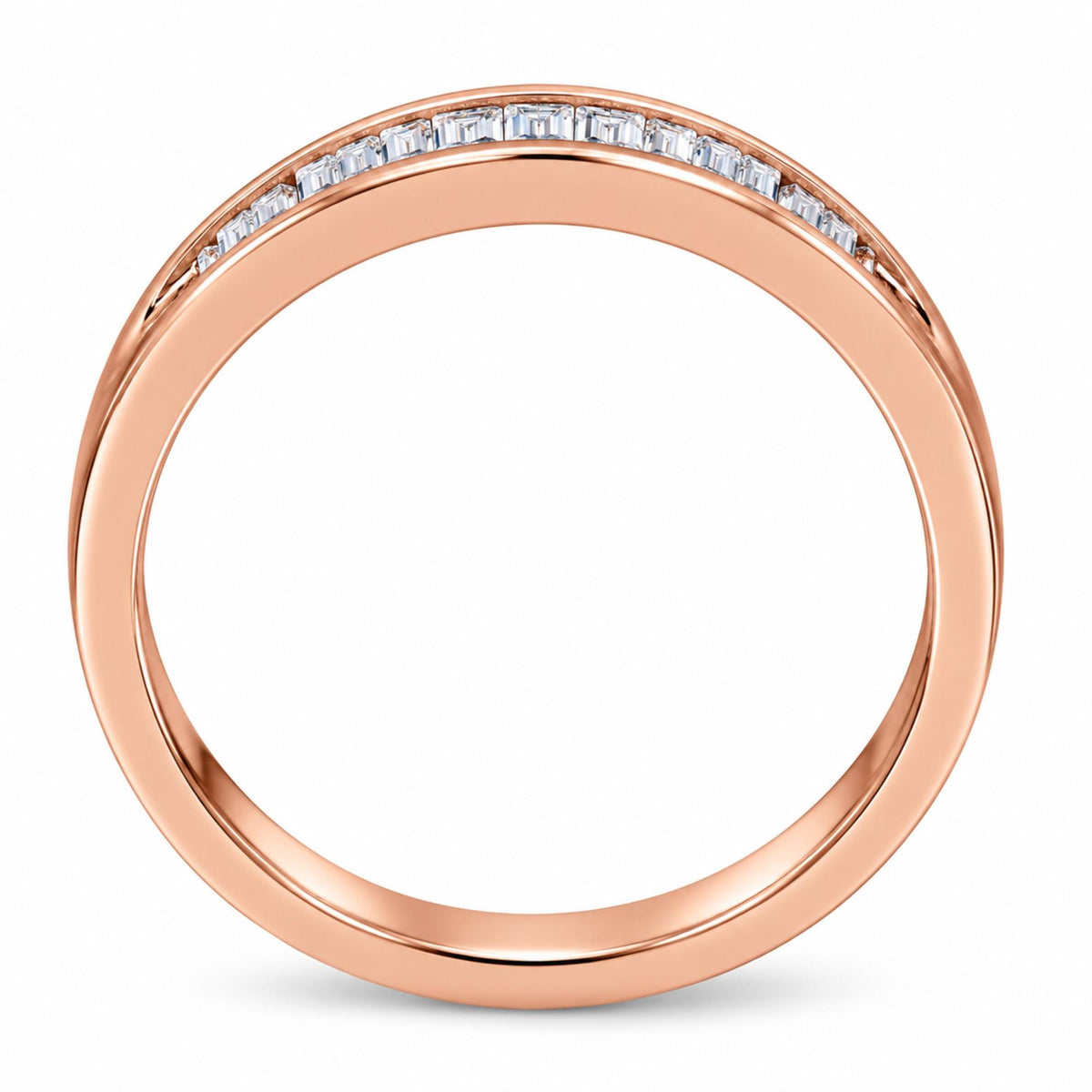 Back view of a rose gold over sterling silver stackable band ring showcasing channel-set baguette-cut diamonds on white