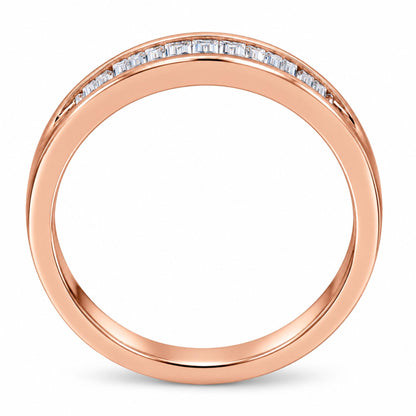 Back view of a rose gold over sterling silver stackable band ring showcasing channel-set baguette-cut diamonds on white