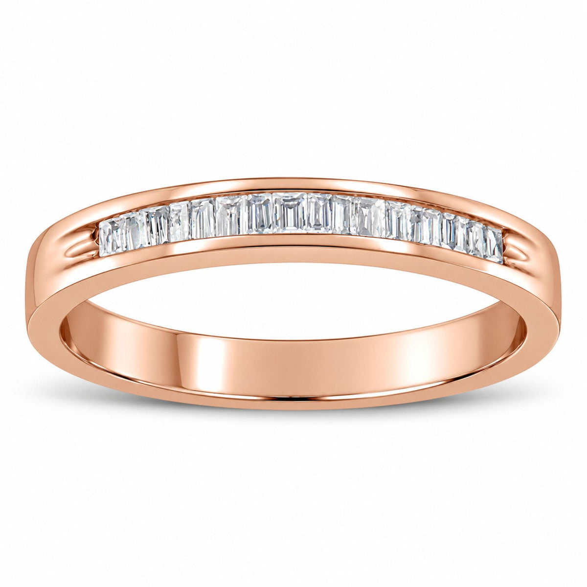 Front view of a rose gold stackable band ring showcasing 17 baguette-cut diamonds in a channel setting on a white background