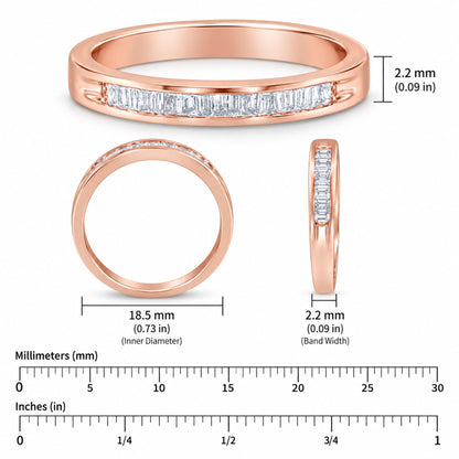 Three views of rose gold over sterling silver channel set band ring with 17 baguette diamonds, 18.5 mm inner diameter, 2.2 mm width