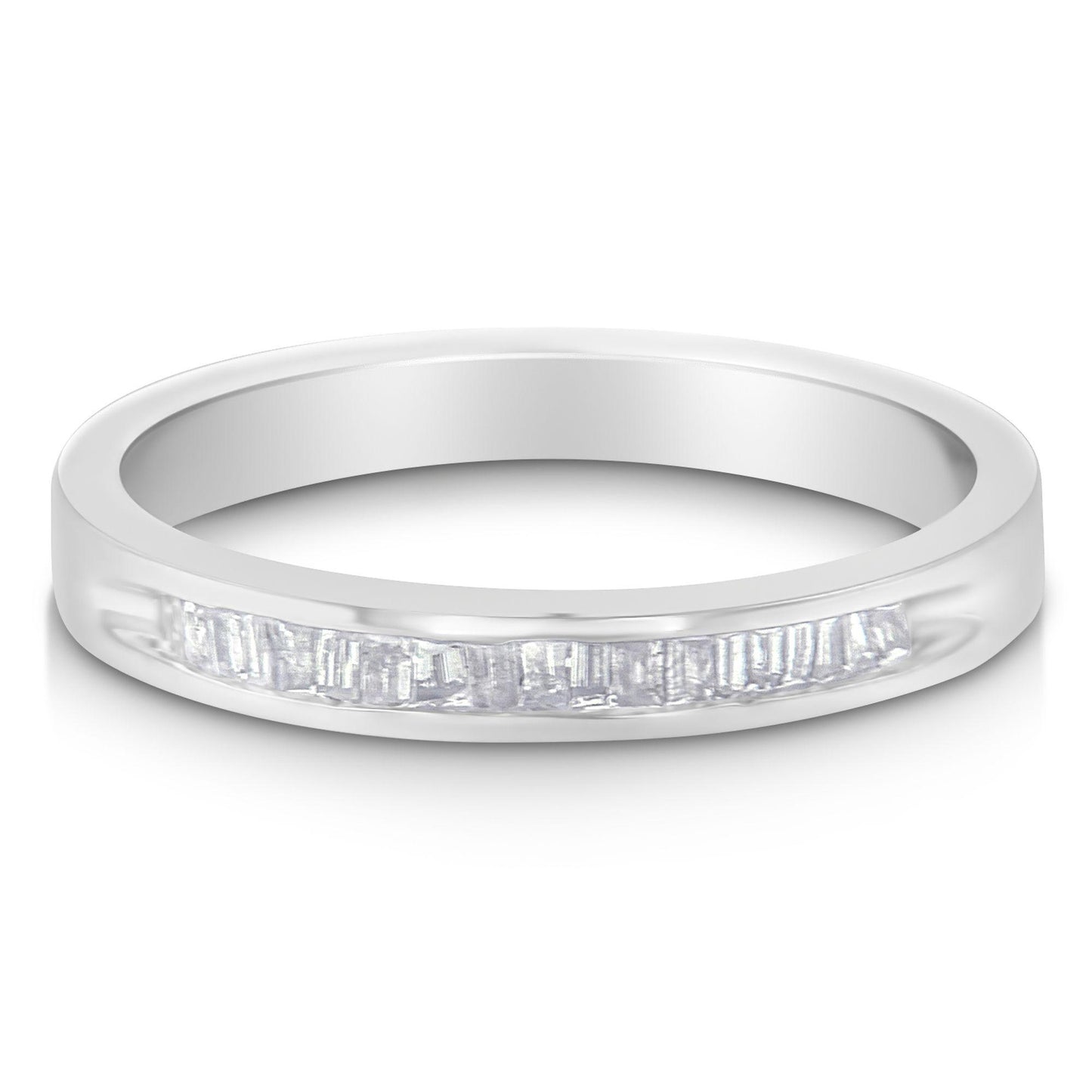 White metal ring with a row of baguette-shaped white gemstones in channel setting, shown at a slight angle.