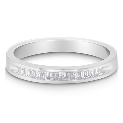White metal ring with a row of baguette-shaped white gemstones in channel setting, shown at a slight angle.