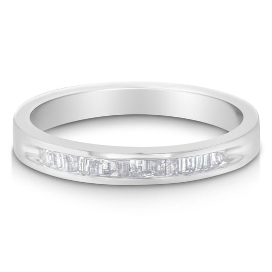 White metal ring with a row of baguette-shaped white gemstones in channel setting, shown at a slight angle.