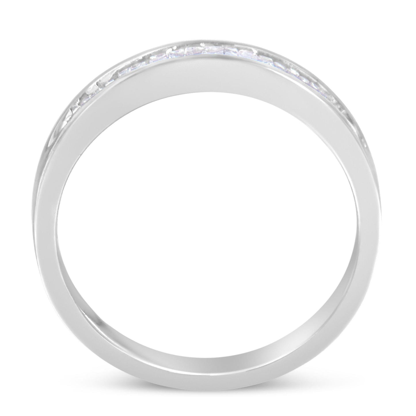 Top-down view of a white metal ring featuring a channel setting of baguette-shaped white gemstones around the band.