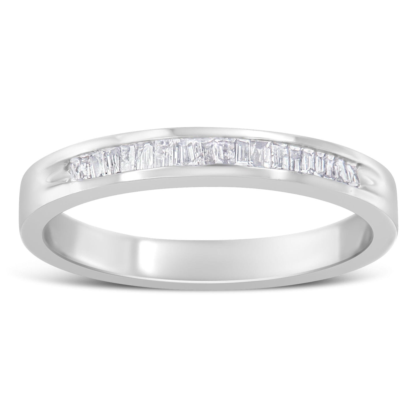 Close-up front angle of a white metal ring with a channel setting featuring a row of baguette-shaped white gemstones.