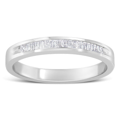 Close-up front angle of a white metal ring with a channel setting featuring a row of baguette-shaped white gemstones.