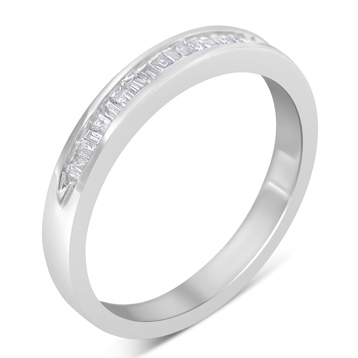 White metal ring with a channel set row of baguette-shaped white gemstones, shown at a slight angle.