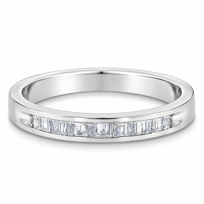 Angled view of .925 sterling silver channel-set stackable band ring showcasing 17 baguette-cut diamonds on white background