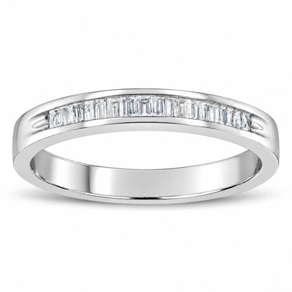 Angled view of 925 sterling silver stackable band ring with baguette cut diamonds in channel setting on white background