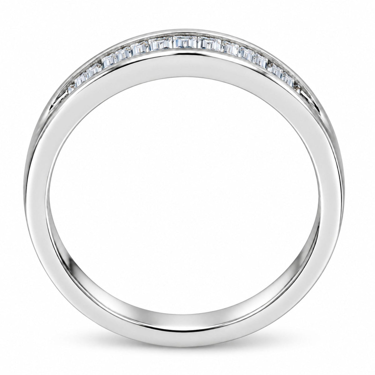 Angled view of .925 sterling silver stackable band ring showcasing 17 channel-set baguette-cut diamonds on a white background