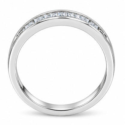 Angled view of .925 sterling silver stackable band ring showcasing 17 channel-set baguette-cut diamonds on a white background