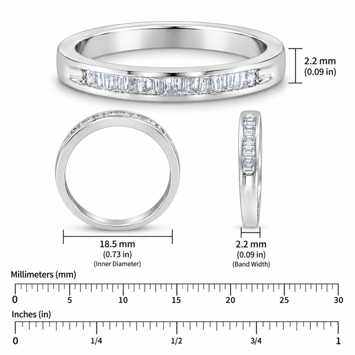 Multiple views of .925 sterling silver channel-set band ring with 17 baguette diamonds, 2.2 mm width, 18.5 mm inner diameter