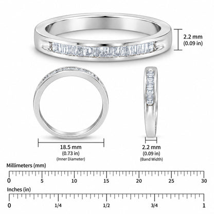 Multiple views of .925 sterling silver channel-set band ring with 17 baguette diamonds, 2.2 mm width, 18.5 mm inner diameter