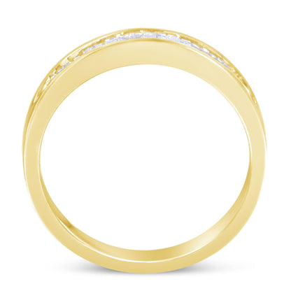 Close-up front view of a yellow metal ring with a channel setting of white baguette-shaped gemstones along the top band.
