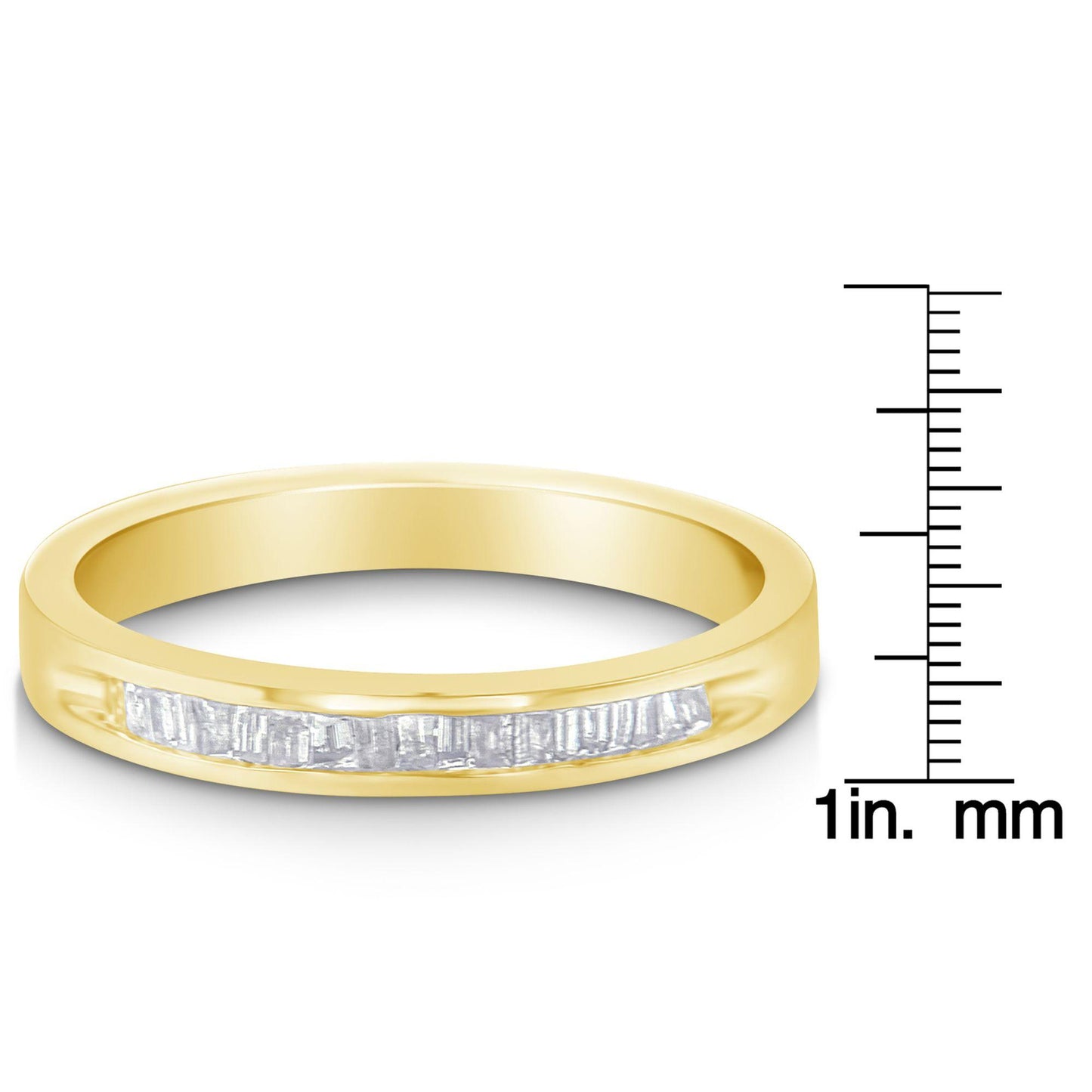 Yellow metal ring with a row of white baguette-shaped gemstones in a channel setting, shown from a front angle with a ruler for size reference.