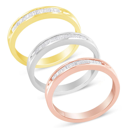 Three rings in yellow, white, and rose metal colors shown in a diagonal stacked arrangement from top left to bottom right, each featuring a channel setting of white baguette-shaped gemstones on the top half, viewed from a slightly angled top-down perspective.