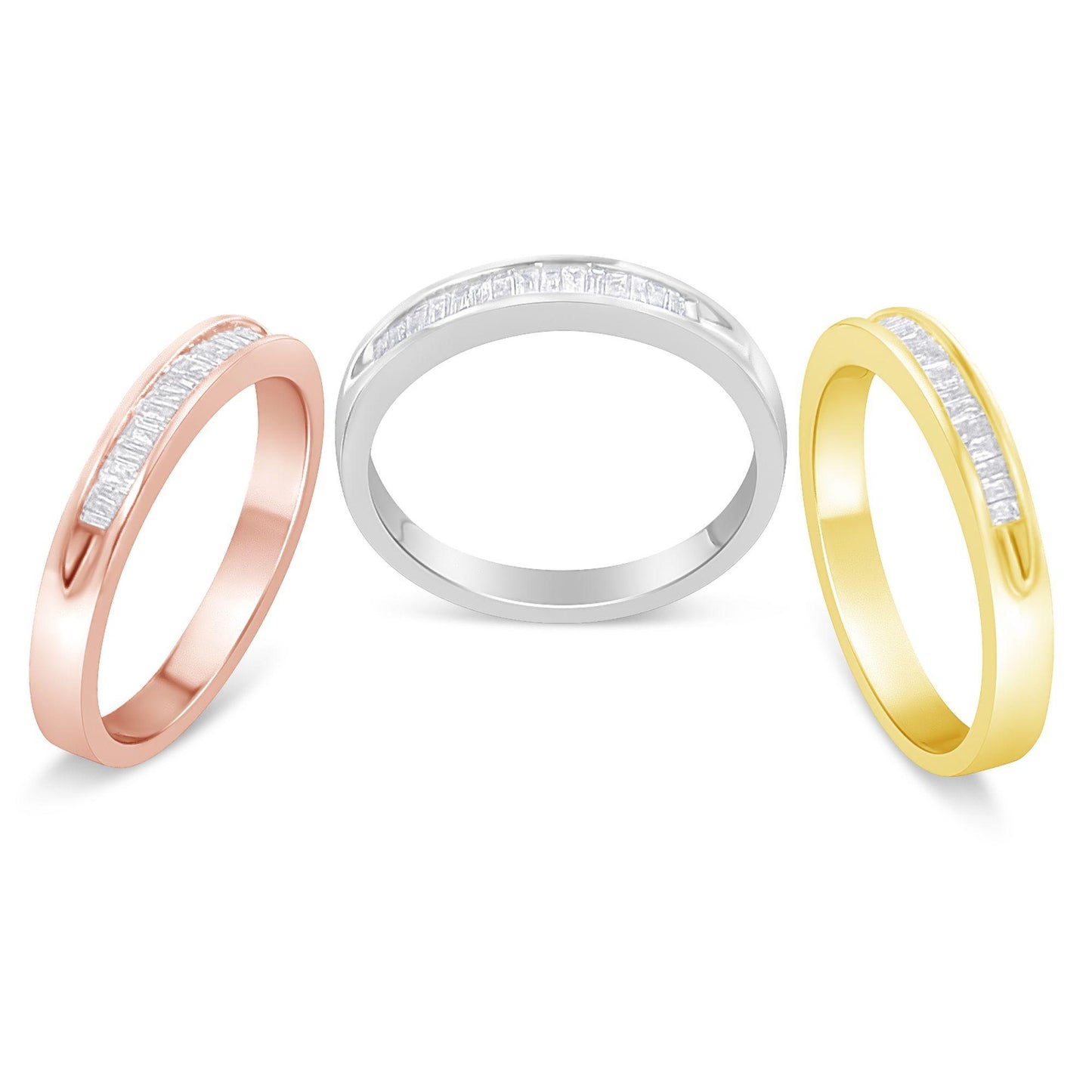 Three rings in yellow, white, and rose metal colors, each with a channel setting of white baguette-shaped gemstones, shown from a front angle.