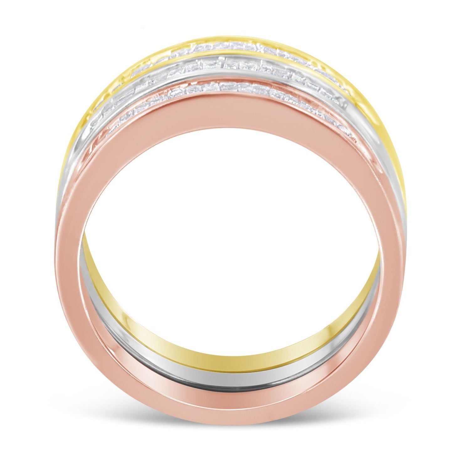 Close-up front view of a tri-color ring with yellow, white, and rose metal bands, each featuring a channel of baguette-shaped white gemstones.