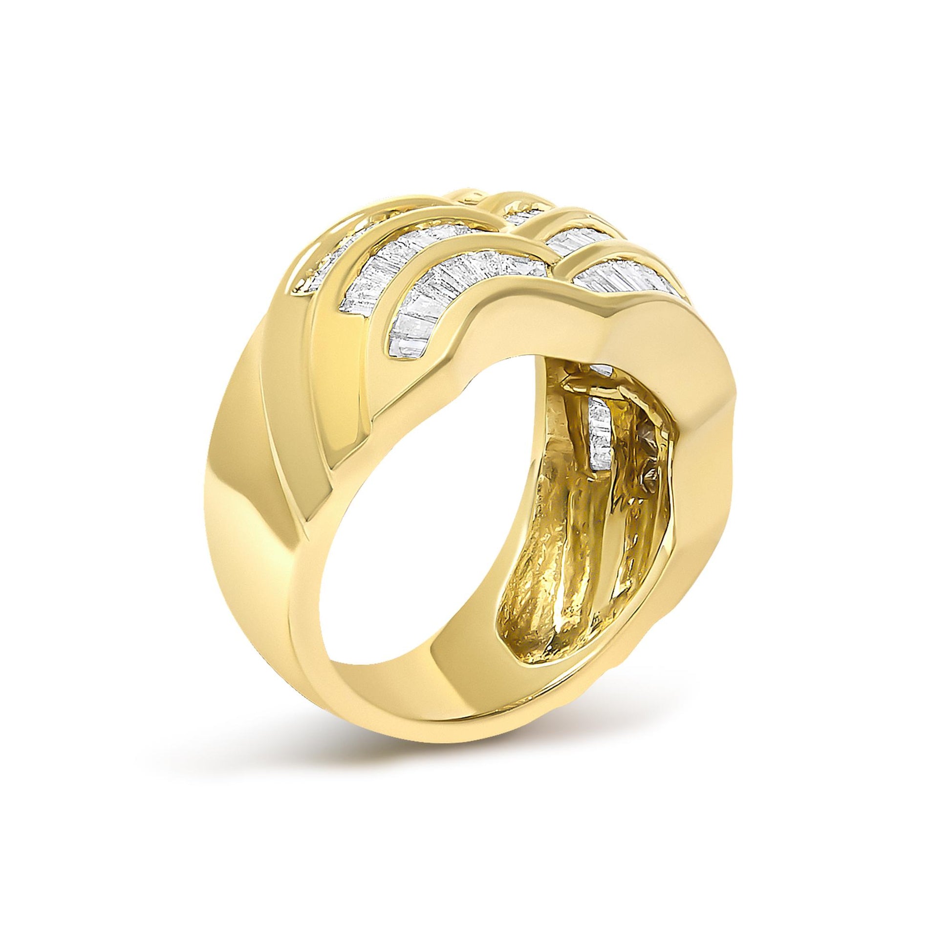 14K Yellow Gold 1-1/3 Cttw Baguette Diamond Wave Design Band Ring