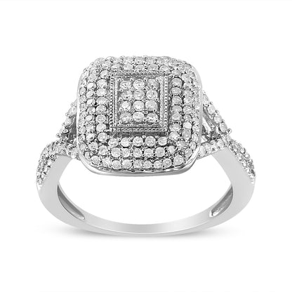 Front angle of a white metal ring featuring a square cluster of round white gemstones in prong settings, with additional gemstones adorning the band.