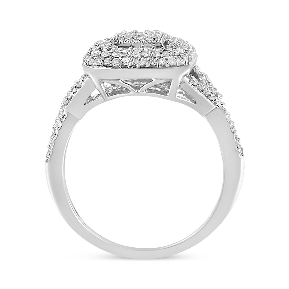 Side angle of a white ring with round white gemstones in prong settings covering the top and shoulders of the band.