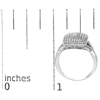 White metal ring with round prong-set white gemstones on square top and band, side view, on an inch scale for size reference.