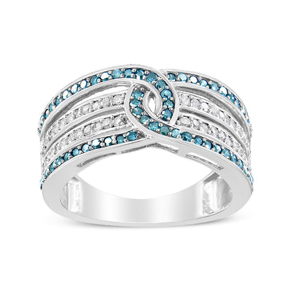 Front-facing white metal ring with intertwined design featuring rows of white and blue round gemstones in pave settings, shown against a white background.