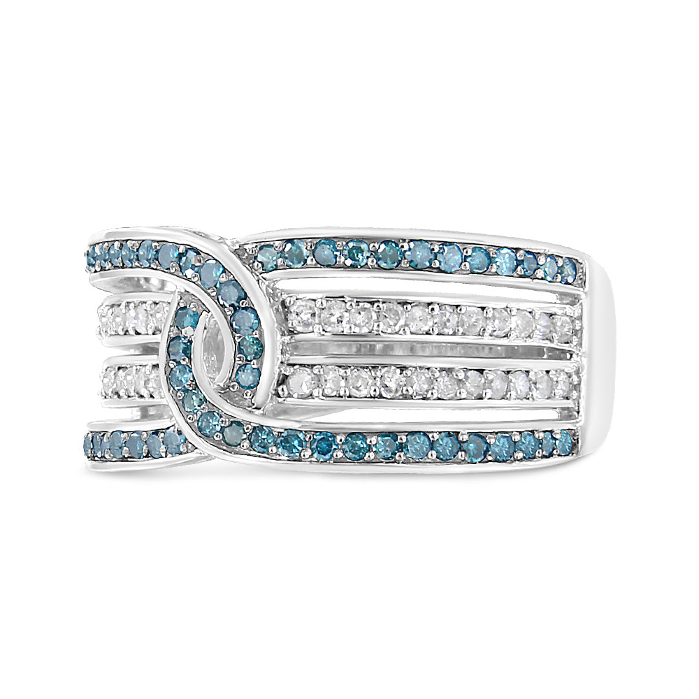 Close-up front view of a white ring with intertwined bands featuring rows of round white and blue gemstones in a pave setting.