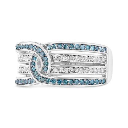 Close-up front view of a white ring with intertwined bands featuring rows of round white and blue gemstones in a pave setting.